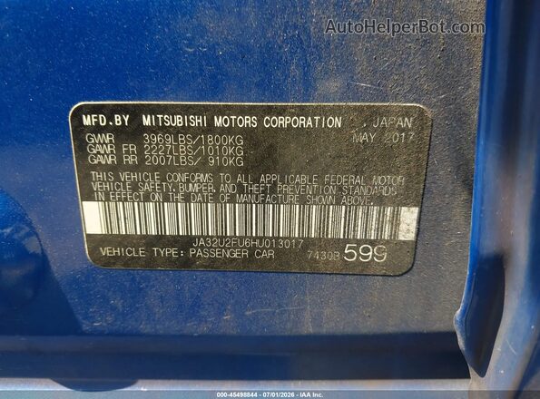 JA32U2FU6HU013017 2017 MITSUBISHI LANCER Blue Вид підкапотного простору