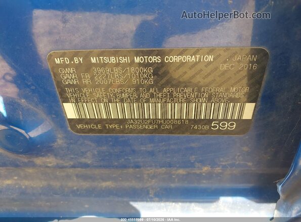 JA32U2FU7HU008618 2017 MITSUBISHI LANCER Blue Widok komory silnika