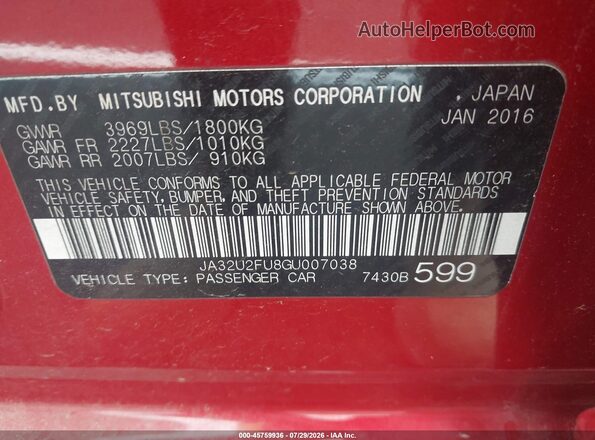 JA32U2FU8GU007038 2016 MITSUBISHI LANCER Red Widok komory silnika