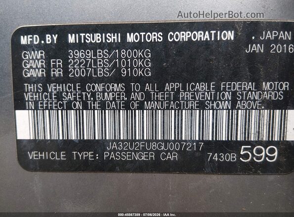 JA32U2FU8GU007217 2016 MITSUBISHI LANCER Silver Vista del compartimento del motor