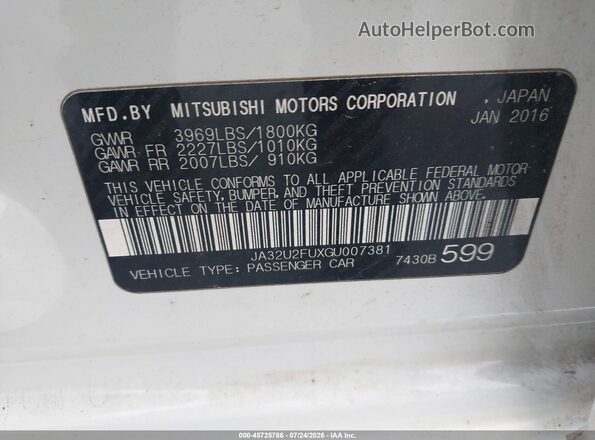 JA32U2FUXGU007381 2016 MITSUBISHI LANCER Белый Вид подкапотного пространства