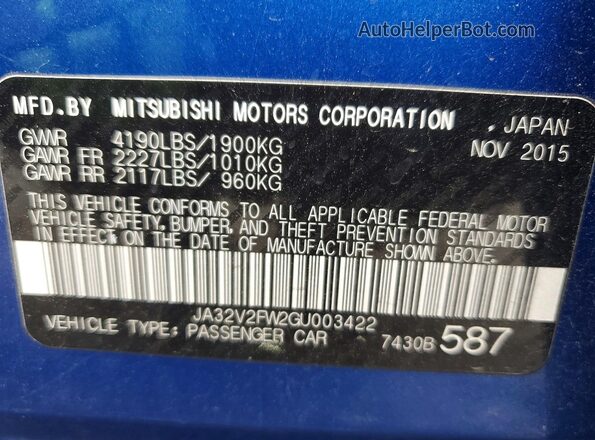 JA32V2FW2GU003422 2016 MITSUBISHI LANCER Blue ძრავის განყოფილების ხედი