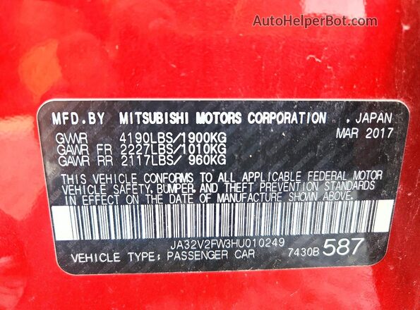 JA32V2FW3HU010249 2017 MITSUBISHI LANCER Red Vista del compartimento del motor