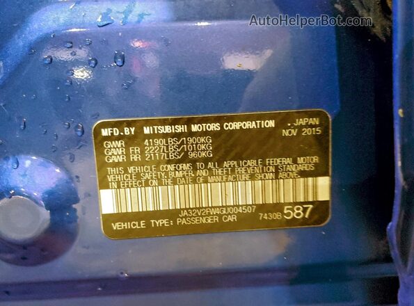 JA32V2FW4GU004507 2016 MITSUBISHI LANCER Blue VIN կոդի պիտակի տեսք