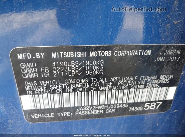 JA32V2FW6HU009435 2017 MITSUBISHI LANCER Blue ძრავის განყოფილების ხედი
