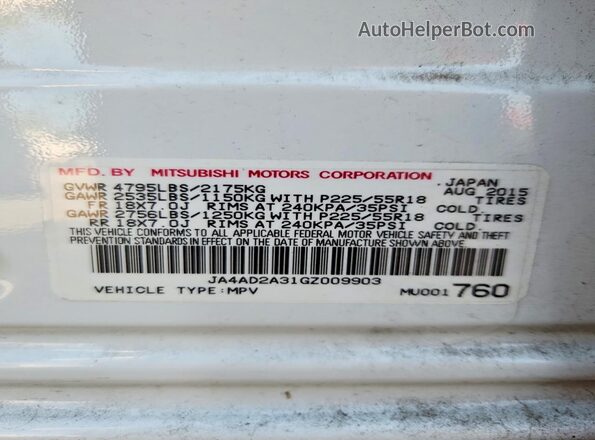 JA4AD2A31GZ009903 2016 MITSUBISHI OUTLANDER White VIN კოდის სტიკერის ხედი
