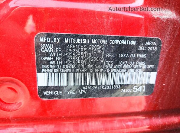 JA4AD2A31KZ031893 2019 MITSUBISHI OUTLANDER Красный Вид наклейки с VIN-кодом