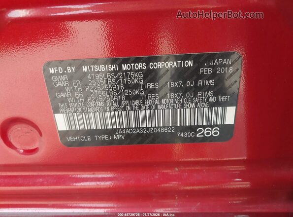 JA4AD2A32JZ048622 2018 MITSUBISHI OUTLANDER Red ძრავის განყოფილების ხედი