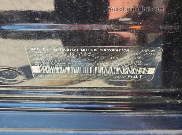 JA4AD2A32KZ013001 2019 MITSUBISHI OUTLANDER Black Вид наклейки з VIN-кодом