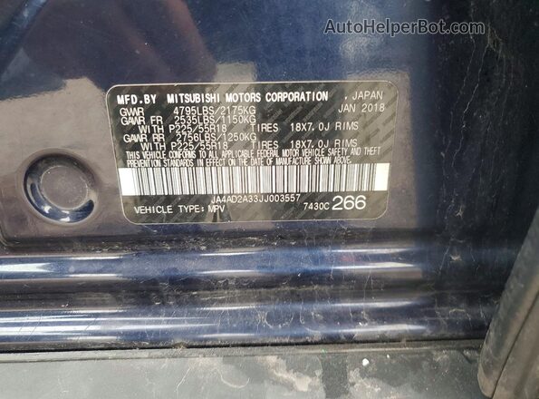 JA4AD2A33JJ003557 2018 MITSUBISHI OUTLANDER Blue Widok naklejki z numerem VIN