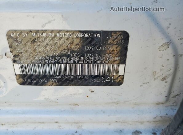 JA4AD2A35KZ005815 2019 MITSUBISHI OUTLANDER White VIN կոդի պիտակի տեսք