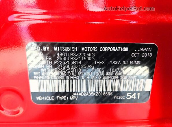 JA4AD2A35KZ018595 2019 MITSUBISHI OUTLANDER Red VIN კოდის სტიკერის ხედი
