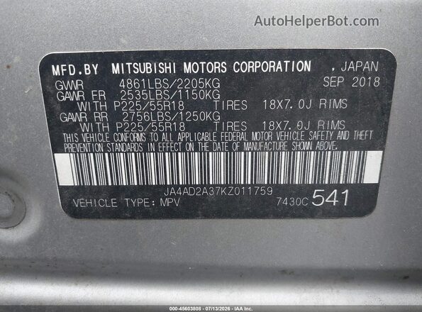 JA4AD2A37KZ011759 2019 MITSUBISHI OUTLANDER Silver Вид підкапотного простору