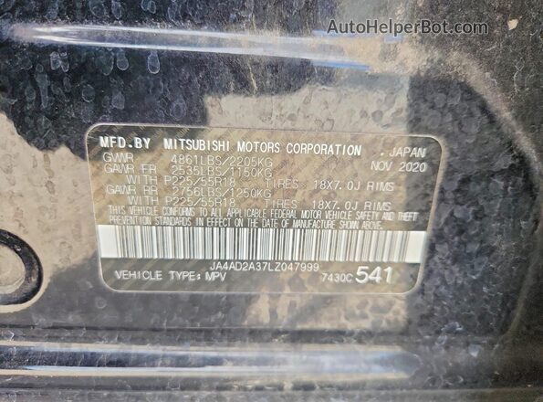 JA4AD2A37LZ047999 2020 MITSUBISHI OUTLANDER Black VIN կոդի պիտակի տեսք