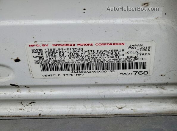JA4AD2A3XGZ000133 2016 MITSUBISHI OUTLANDER White Vista de la etiqueta del VIN