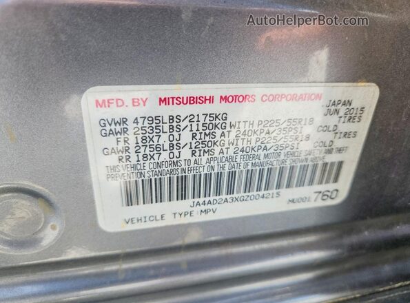 JA4AD2A3XGZ004215 2016 MITSUBISHI OUTLANDER Silver VIN კოდის სტიკერის ხედი