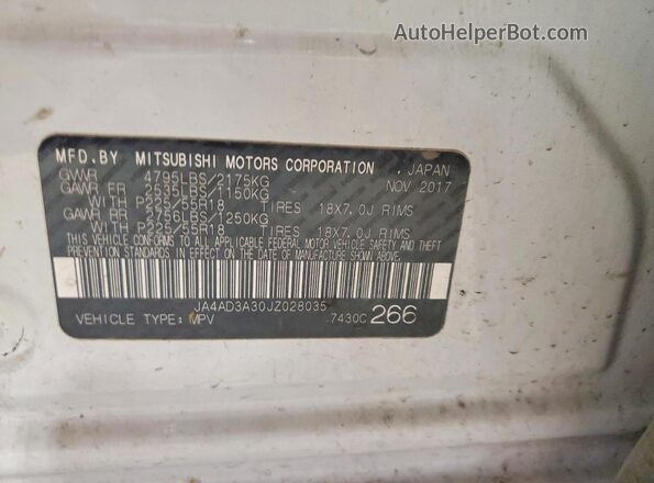 JA4AD3A30JZ028035 2018 MITSUBISHI OUTLANDER White Widok wnętrza 360 stopni