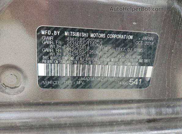 JA4AD3A30KZ017683 2019 MITSUBISHI OUTLANDER Brown VIN կոդի պիտակի տեսք