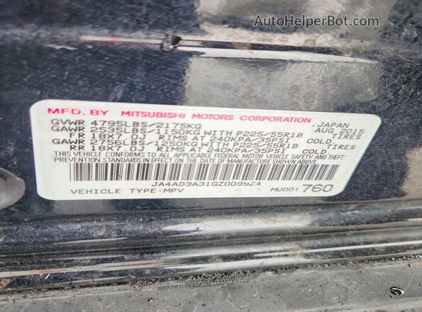 JA4AD3A31GZ009924 2016 MITSUBISHI OUTLANDER Black Vista de la etiqueta del VIN