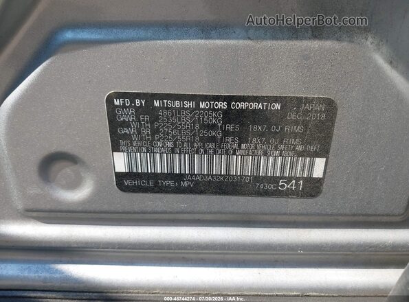 JA4AD3A32KZ031701 2019 MITSUBISHI OUTLANDER Silver Вид підкапотного простору