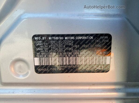 JA4AD3A32KZ035148 2019 MITSUBISHI OUTLANDER Silver Vista de la etiqueta del VIN