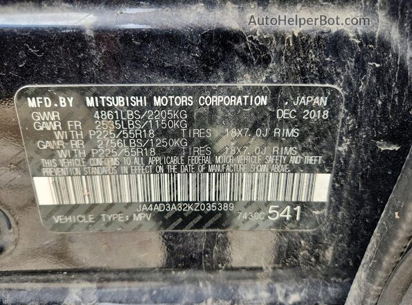JA4AD3A32KZ035389 2019 MITSUBISHI OUTLANDER Black Вид наклейки з VIN-кодом