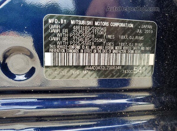 JA4AD3A32LZ006346 2020 MITSUBISHI OUTLANDER Blue VIN კოდის სტიკერის ხედი