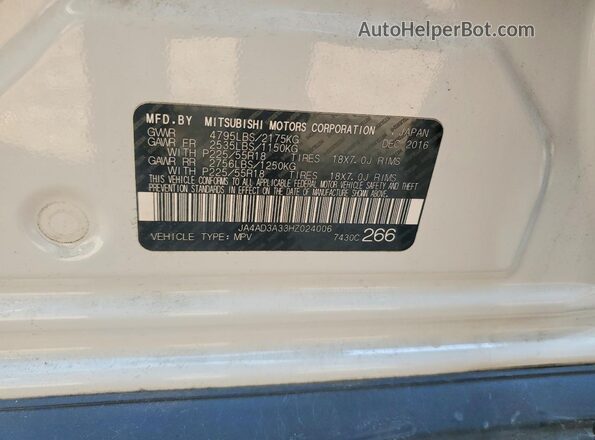 JA4AD3A33HZ024006 2017 MITSUBISHI OUTLANDER White სალონის 360-გრადუსიანი ხედი
