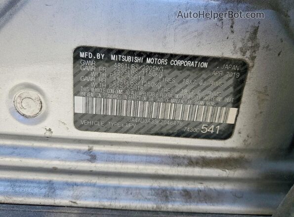 JA4AD3A33KZ046479 2019 MITSUBISHI OUTLANDER Silver VIN კოდის სტიკერის ხედი