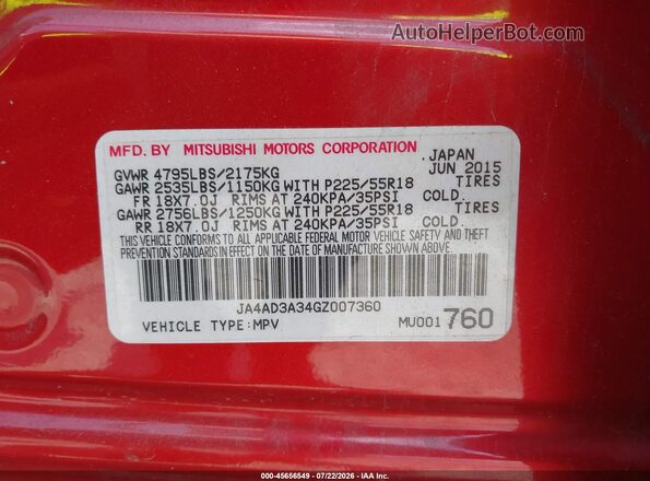 JA4AD3A34GZ007360 2016 MITSUBISHI OUTLANDER Red ძრავის განყოფილების ხედი