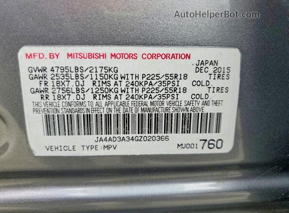 JA4AD3A34GZ020366 2016 MITSUBISHI OUTLANDER Gray Widok naklejki z numerem VIN
