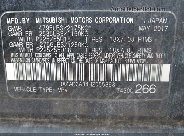 JA4AD3A34HZ055863 2017 MITSUBISHI OUTLANDER Черный Вид подкапотного пространства