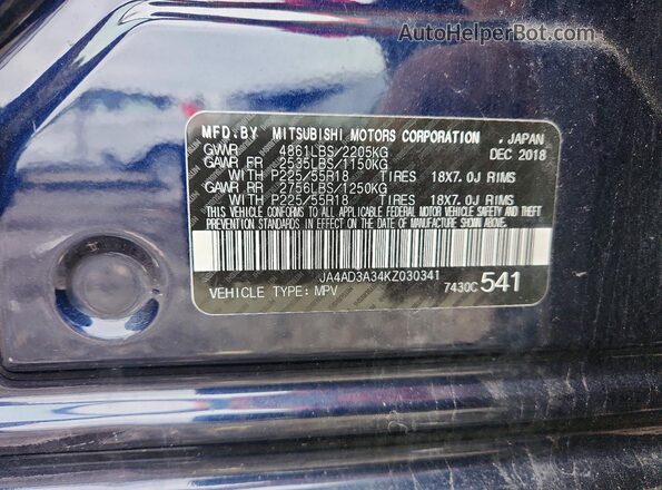 JA4AD3A34KZ030341 2019 MITSUBISHI OUTLANDER Blue Widok naklejki z numerem VIN