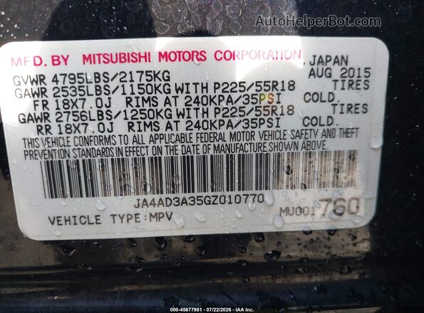 JA4AD3A35GZ010770 2016 MITSUBISHI OUTLANDER Black Շարժիչի բաժամունքի տեսք