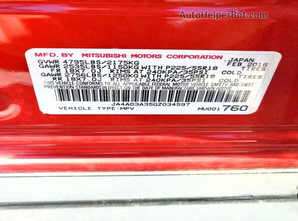 JA4AD3A35GZ034597 2016 MITSUBISHI OUTLANDER Red VIN sticker view