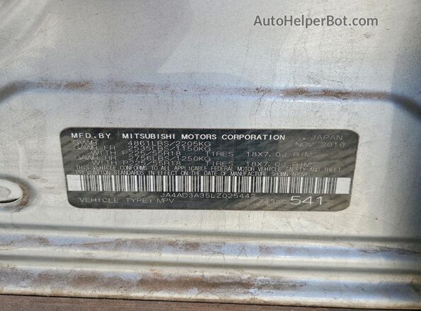 JA4AD3A35LZ025442 2020 MITSUBISHI OUTLANDER Silver Widok naklejki z numerem VIN