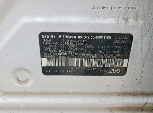JA4AD3A36HZ028941 2017 MITSUBISHI OUTLANDER White Սալոնի 360 աստիճան տեսք