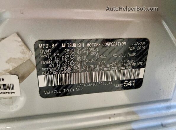 JA4AD3A36LZ023344 2020 MITSUBISHI OUTLANDER Silver Vista de la etiqueta del VIN
