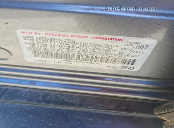 JA4AD3A37GZ004341 2016 MITSUBISHI OUTLANDER Gray VIN კოდის სტიკერის ხედი