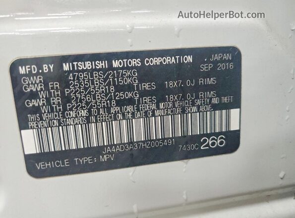 JA4AD3A37HZ005491 2017 MITSUBISHI OUTLANDER White VIN sticker view