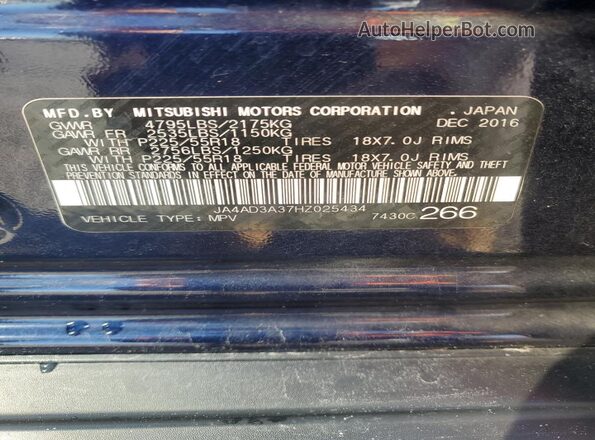 JA4AD3A37HZ025434 2017 MITSUBISHI OUTLANDER Blue Vista de la etiqueta del VIN
