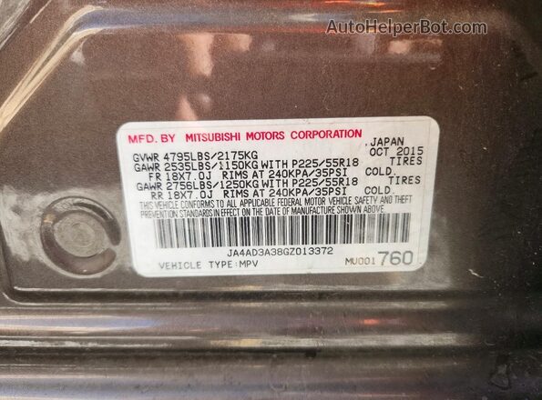 JA4AD3A38GZ013372 2016 MITSUBISHI OUTLANDER Gray Widok naklejki z numerem VIN