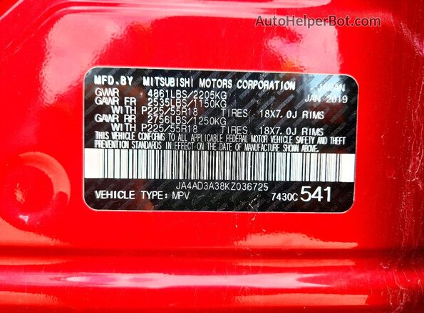 JA4AD3A38KZ036725 2019 MITSUBISHI OUTLANDER Red Widok naklejki z numerem VIN