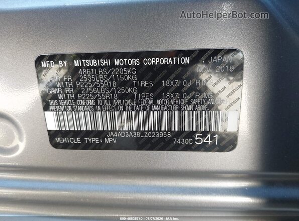 JA4AD3A38LZ023958 2020 MITSUBISHI OUTLANDER Gray ძრავის განყოფილების ხედი