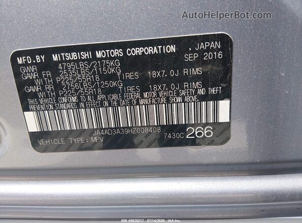 JA4AD3A39HZ008408 2017 MITSUBISHI OUTLANDER Silver Engine compartment view