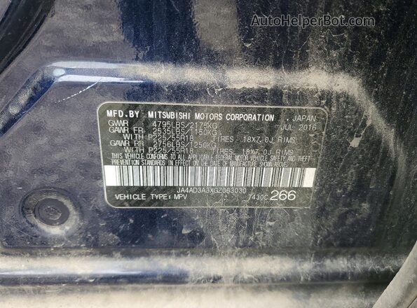 JA4AD3A3XGZ063030 2016 MITSUBISHI OUTLANDER Blue VIN კოდის სტიკერის ხედი