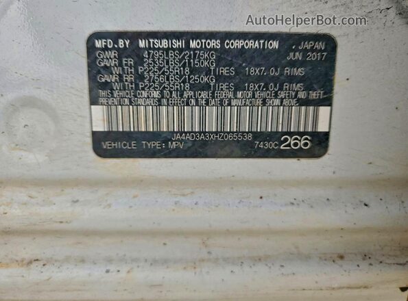 JA4AD3A3XHZ065538 2017 MITSUBISHI OUTLANDER White Widok naklejki z numerem VIN