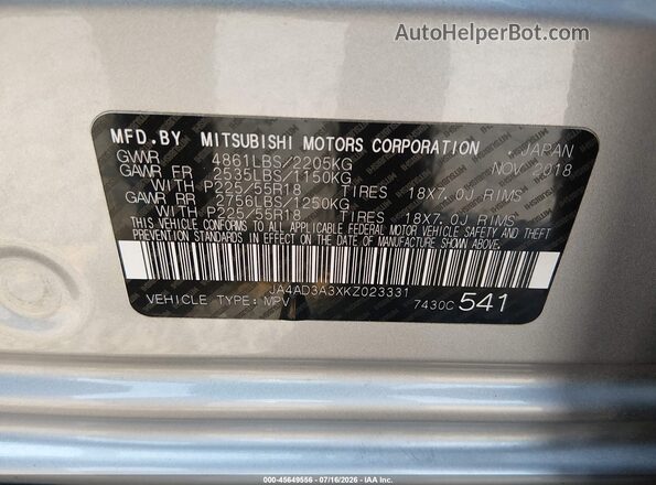 JA4AD3A3XKZ023331 2019 MITSUBISHI OUTLANDER Silver ძრავის განყოფილების ხედი