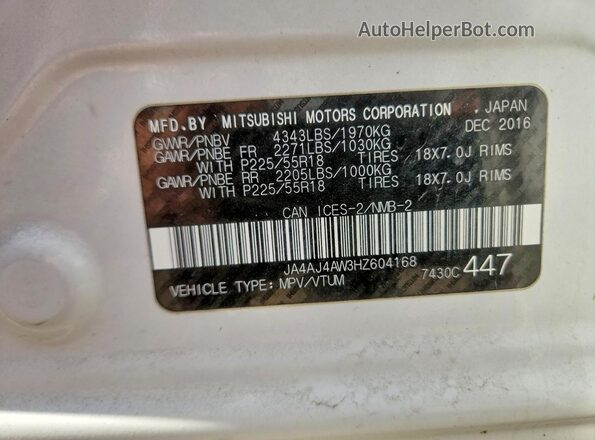 JA4AJ4AW3HZ604168 2017 MITSUBISHI RVR White VIN կոդի պիտակի տեսք