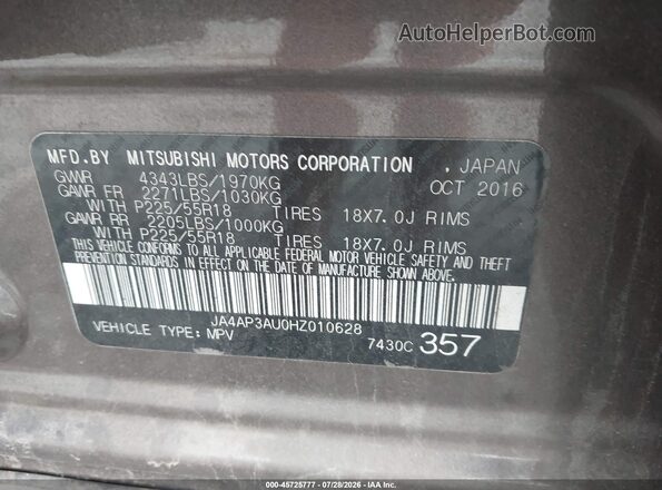 JA4AP3AU0HZ010628 2017 MITSUBISHI OUTLANDER SPORT Gray Widok komory silnika